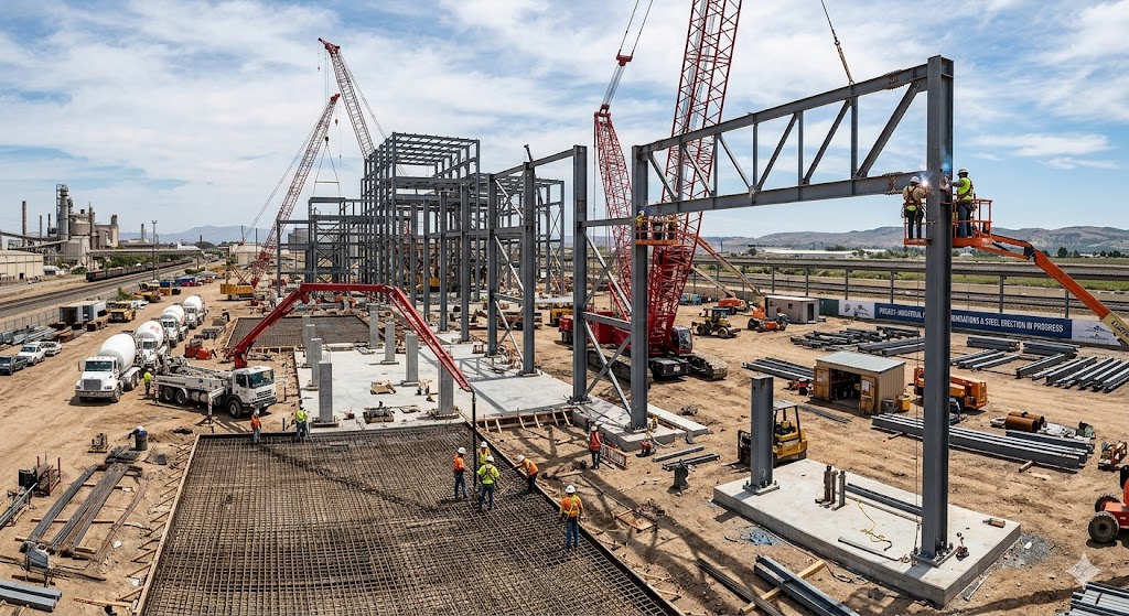 Industrial machine foundations and a process building under construction