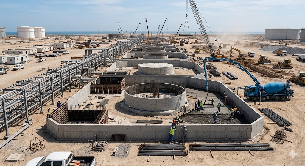 Bulk fuel terminal civil works with storage tanks and secondary containment under construction