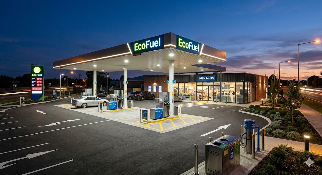 New-build petrol station with forecourt canopy, fuel dispensers, and convenience store