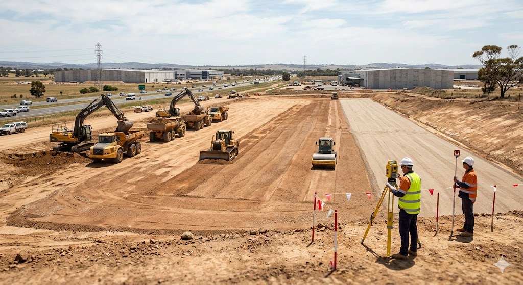 Logistics park site under mass earthworks and utility installation