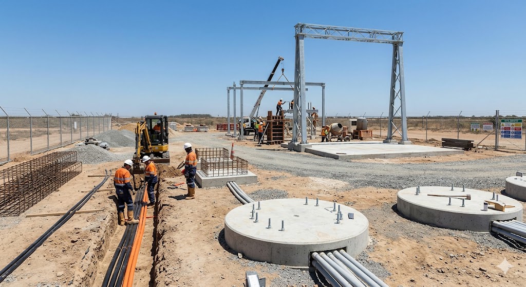 Distribution substation civil works with equipment foundations and duct banks